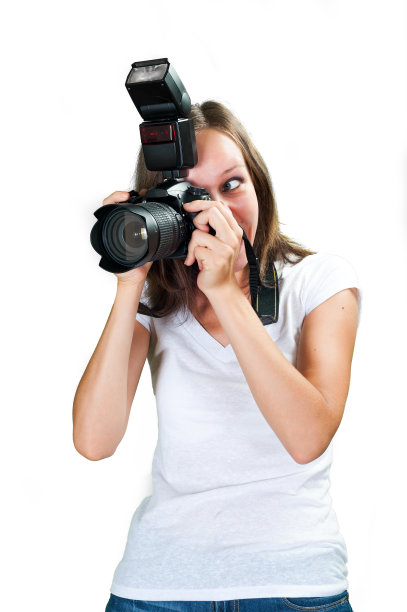 少女与专业相机拍摄照片孤立在白色图片下载