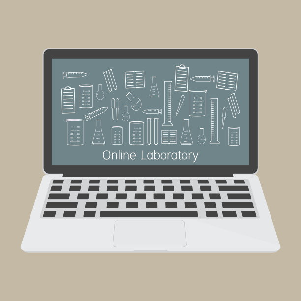 电脑笔记本电脑与实验室配件图标。矢量插图设计技术的在线教育概念。图片下载