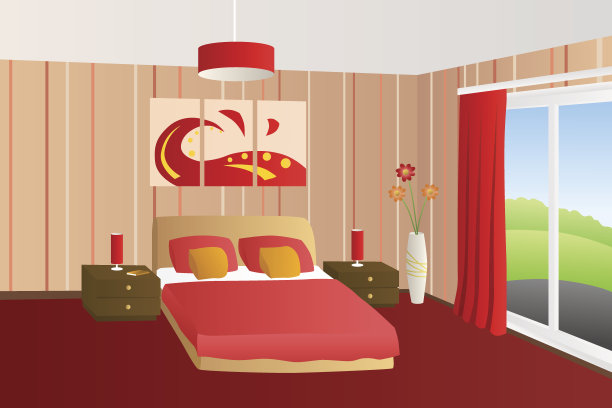 现代室内卧室米色红色床枕头灯窗户插图素材图片