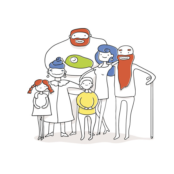 大的幸福的家庭。爸爸、妈妈、爷爷、奶奶和孩子们在一起。平面设计的矢量插图素材图片