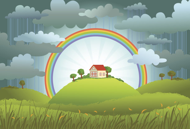 彩虹保护着小房子图片下载