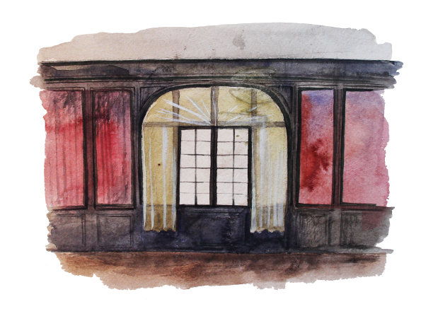 老式窗户与窗帘，手绘水彩插图图片下载