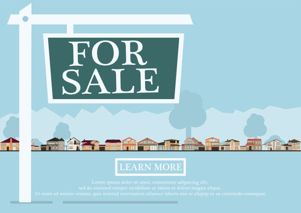 出售的标志在可爱的房子前面的公寓风格。背景在蓝色柔和的颜色。有树木和灌木的乡村景色。矢量插图的房地产购买图片下载