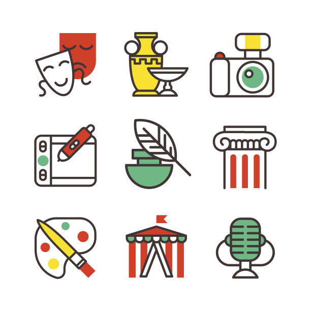 一套艺术图标在平面设计相机图片笔刷调色板娱乐符号和艺术家墨水图形颜色创意电影收集矢量插图图片下载