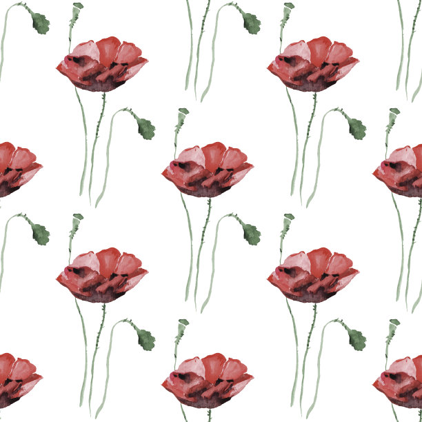 水彩罂粟花无缝背景素材图片
