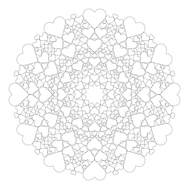 矢量黑白曼荼罗与心-成人着色书页图片下载