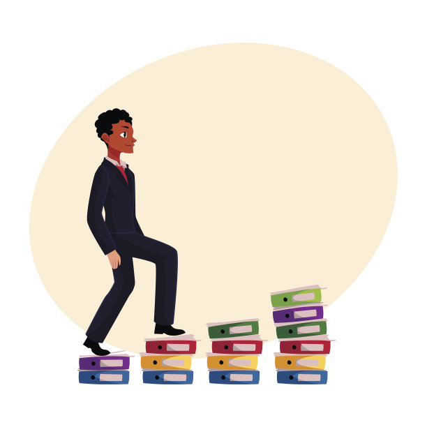 黑人，非裔美国商人爬上成堆的文件，职业阶梯图片下载