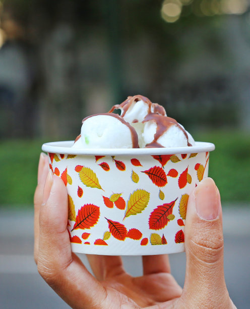 冰淇淋杯。手里拿着香草和牛奶冰淇淋。图片下载