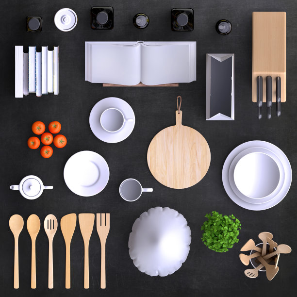 品牌模拟厨房与桌子和厨房用具。图片下载