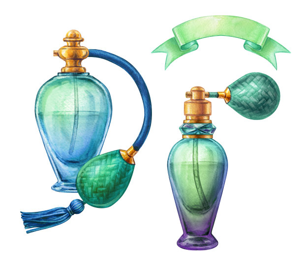 水彩香水瓶集，空白化妆品瓶剪辑艺术，时尚插图孤立在白色背景图片下载