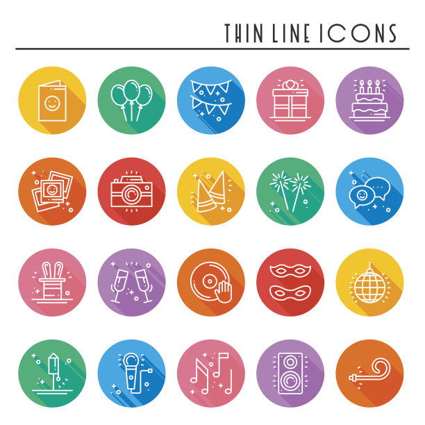 派对庆祝细线图标集。生日、节日、事件、狂欢喜庆。基本的元素图标集合。矢量简单线性设计。插图。符号。面具礼物蛋糕烟花图片下载