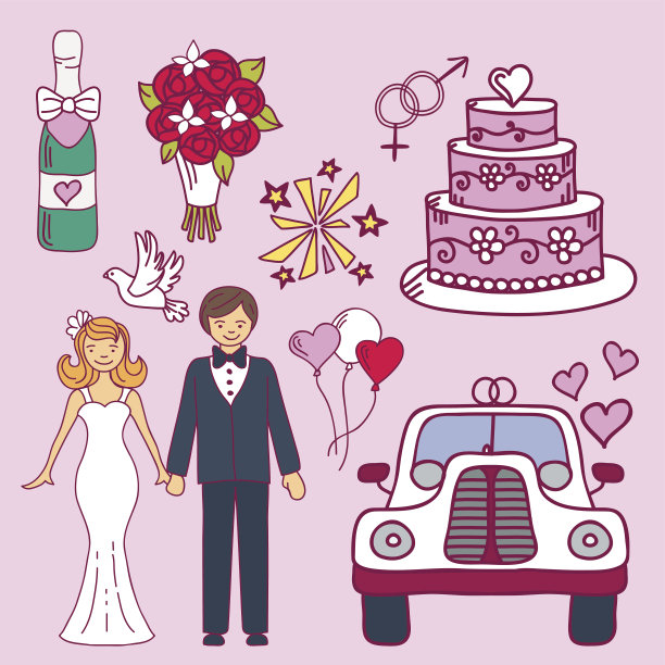 新娘和新郎婚礼夫妇结婚婚礼图标设计典礼庆典和假日人们民间图标美丽肖像家庭矢量插图图片下载