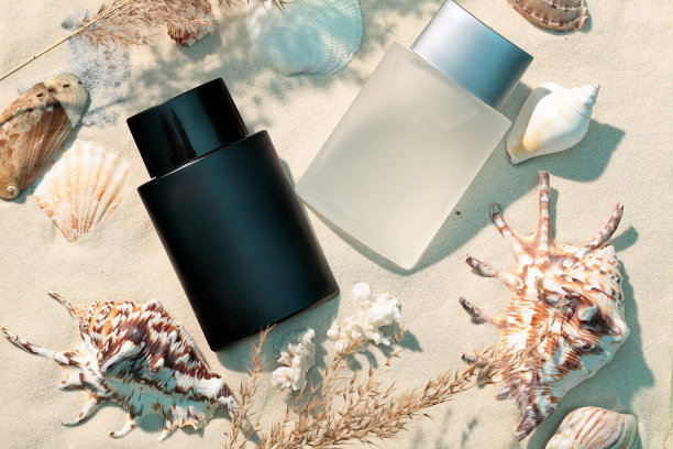 以海滩为背景的一对香水瓶。图片下载