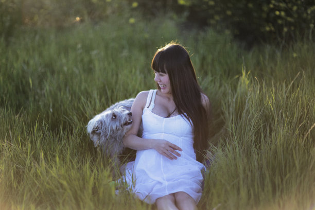 美丽的怀孕年轻的亚洲妇女与黑色的长发，穿着白色的连衣裙，抱着她的肚子，坐在一个高的绿色草地上与小白狗笑图片下载