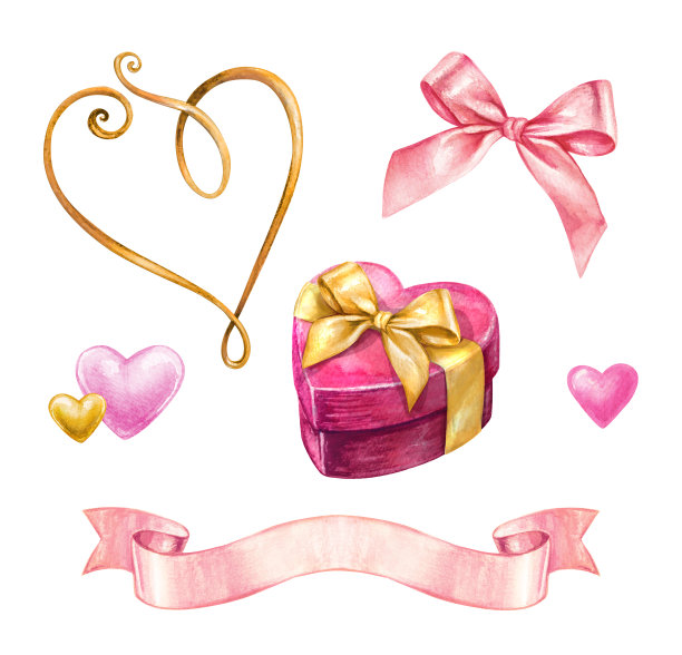 金钥匙和心形锁设计元素集，丝带标签，水彩插图孤立在白色背景，手绘情人节剪辑艺术图片下载