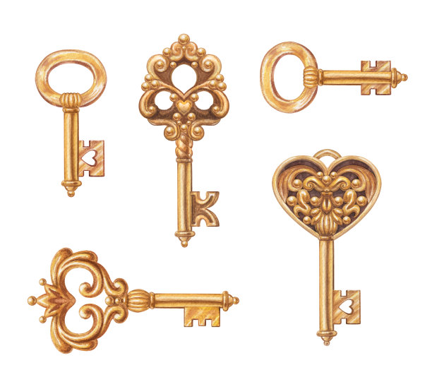 什锦金键水彩插图，设计元素孤立在白色背景，复古剪辑艺术图片下载