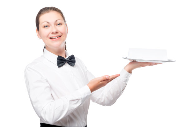 快乐的30岁女服务员，托盘上的白色背景图片下载