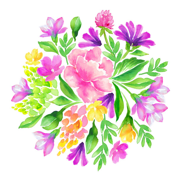 水彩圆束鲜花，夏季彩色花束插图，孤立在白色的背景图片下载