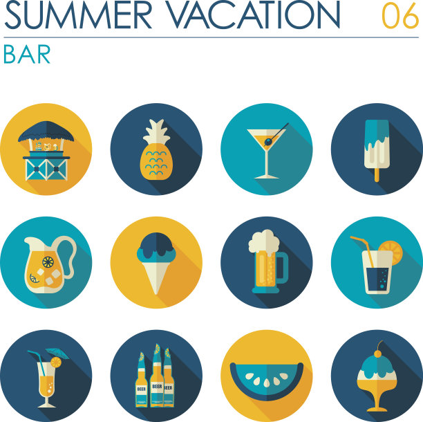 酒吧海滩平面图标设置。夏天。假期图片下载
