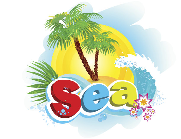 在海浪和棕榈树的背景上刻有“海”图片下载