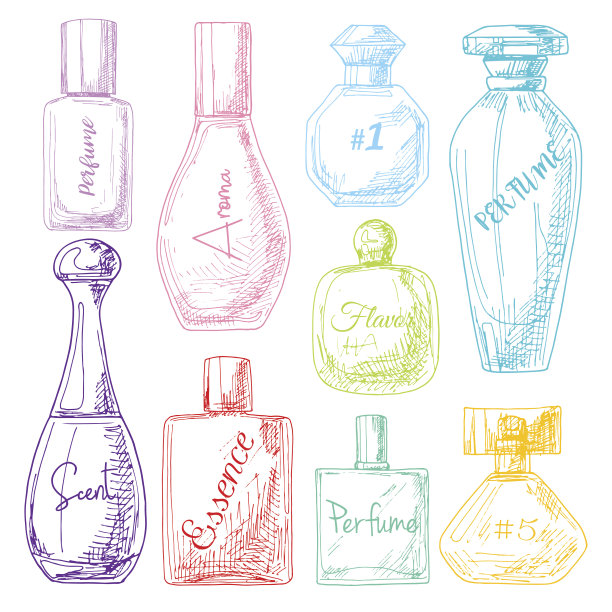 一套不同瓶子的香水。矢量插图的草图风格。图片下载