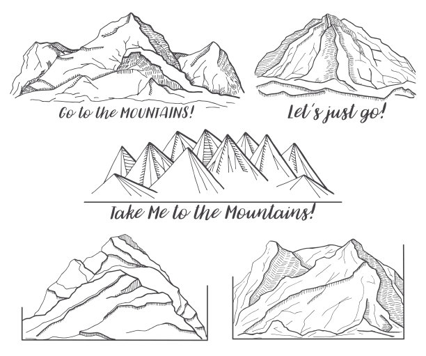 一组不同的图片与山。矢量插图的草图风格。图片下载