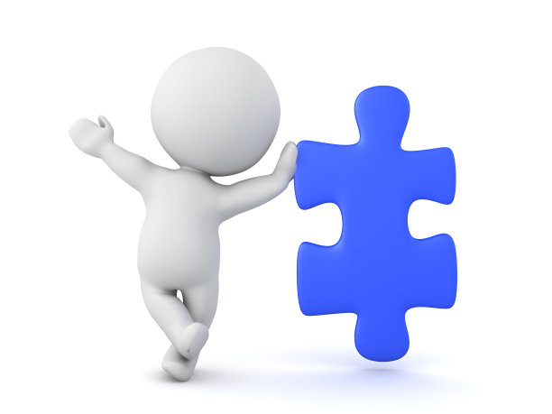 3D角色靠在蓝色拼图上图片下载