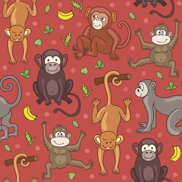 有猴子、香蕉和树叶的无缝图案。图片下载