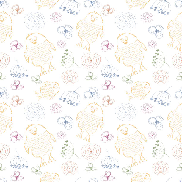 无缝的矢量模式。可爱的彩色背景与手绘鸡和花。系列的卡通，涂鸦，素描和涂鸦无缝矢量模式。图片下载