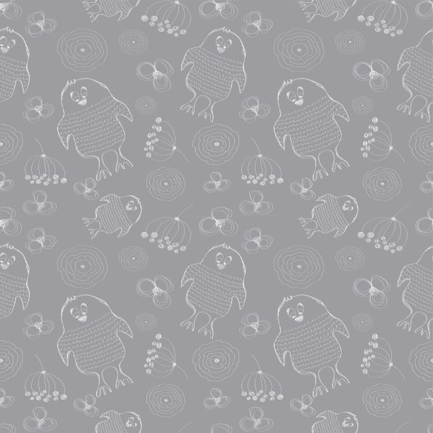 无缝的矢量模式。可爱的蓝色背景与手绘鸡和花。系列的卡通，涂鸦，素描和涂鸦无缝矢量模式。图片下载