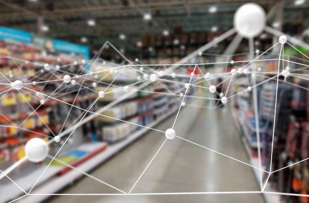 深度学习，神经网络，机器学习和人工智能的概念。Atom连接模糊零售商店的背景图片下载