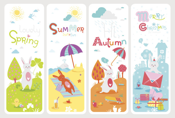 四个可爱的季节横幅和可爱的兔子图片下载