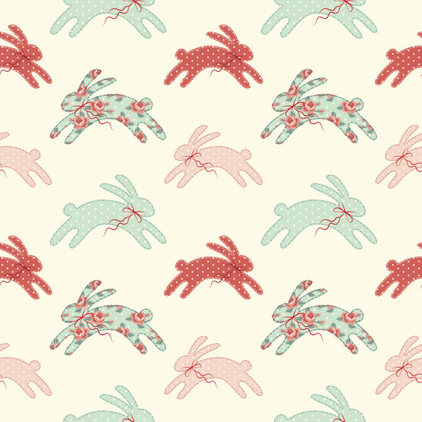 可爱的复古复活节无缝图案与兔子作为复古面料补丁贴花在破旧别致的风格图片下载