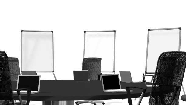 会议室和会议桌，配有办公椅和笔记本。经营理念。孤立在白色图片下载