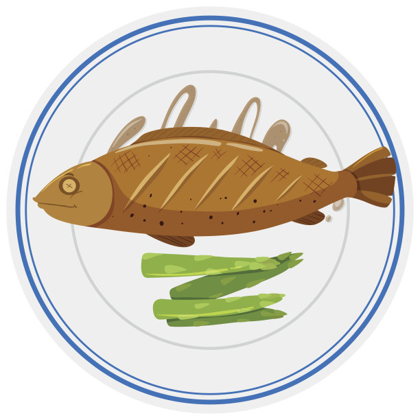 盘子里有烤鱼和芦笋图片下载