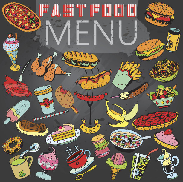 手绘快餐背景。菜单与纹理和文本。图片下载