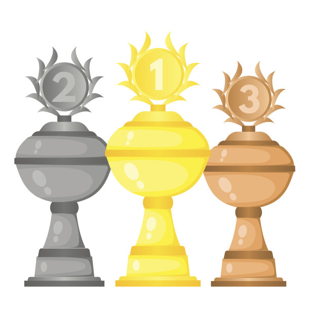 一套向量奖杯冠军奖杯在金，银和铜。素材图片