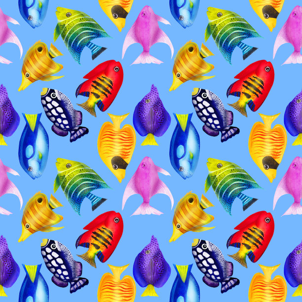 无缝图案与彩色水彩鱼。手绘水彩画元素。海洋生物。图片下载