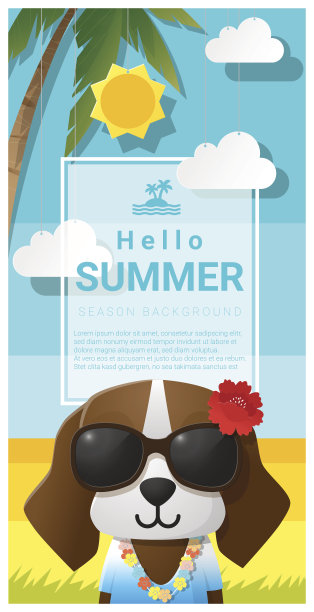 你好夏季背景与狗戴太阳镜，矢量，插图图片下载