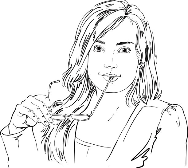 单色矢量手绘艺术图像，年轻女子持有眼镜图片下载