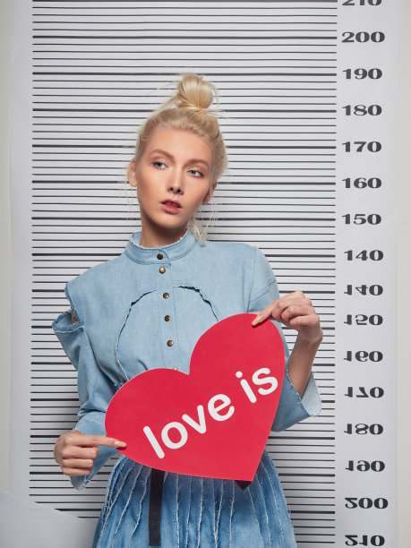 一个穿着蓝色裙子的年轻女孩，手里拿着一颗巨大的心。图片下载