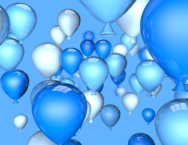 蓝色气球在空中3d插图，生日背景。图片下载
