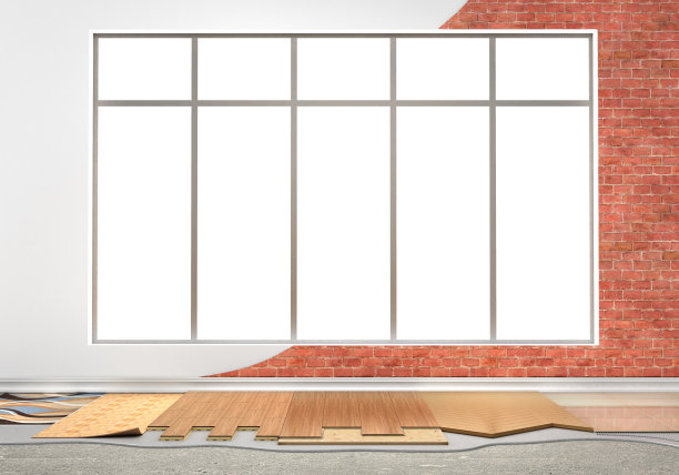 地板涂料类型。地板安装。套件不同的地板涂料。拼花地板、层压板、木板、瓷砖、混凝土。三维演示图片下载