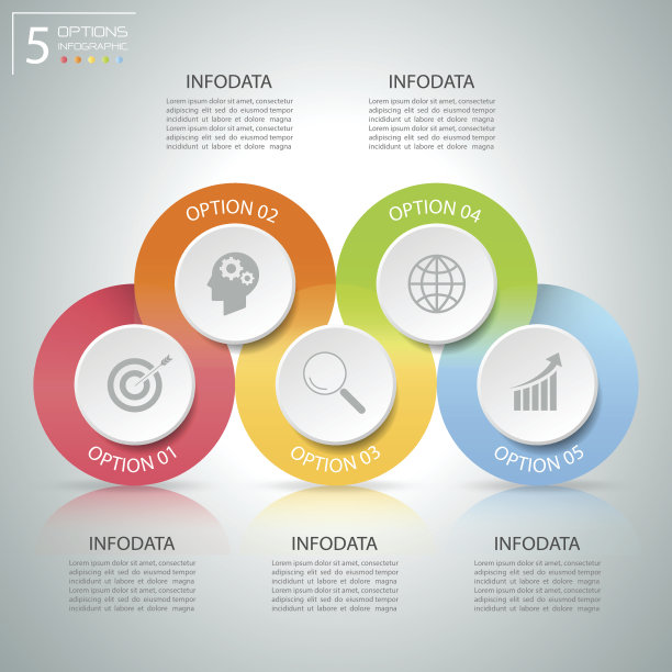 摘要三维信息图5选项，业务概念信息图模板可以用于工作流布局，图表，数字选项，图片下载