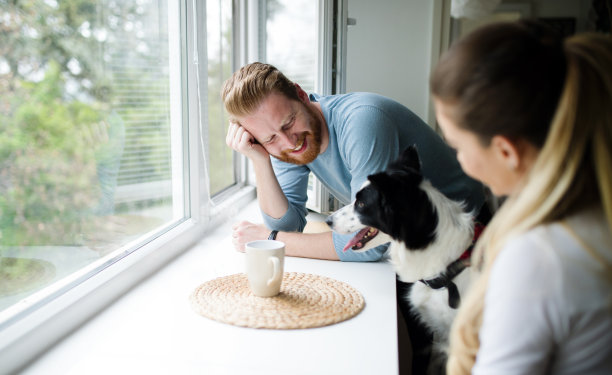 一对美丽的夫妇在家里放松，爱护他们的宠物图片下载