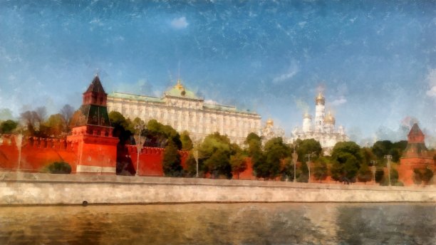 莫斯科风景，从莫斯科河看，水彩画，插图图片下载