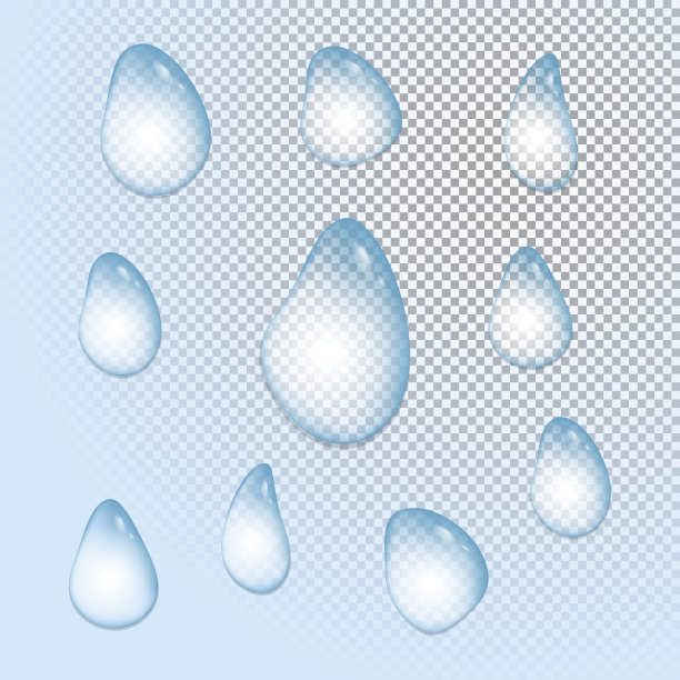 一组清澈逼真的水滴。图片下载