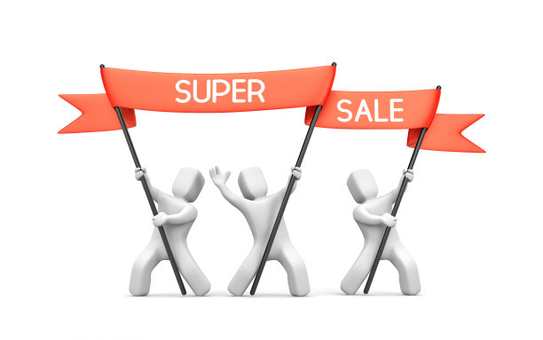 两个3D人物伸展红色横幅。三维演示图片下载