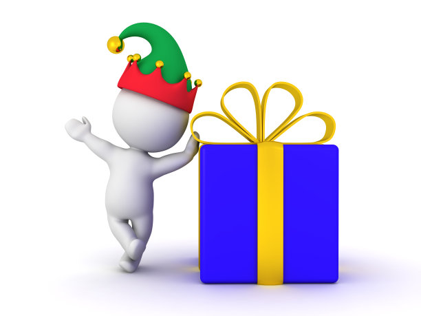 3D人物戴着精灵帽子靠在圣诞礼物上图片下载