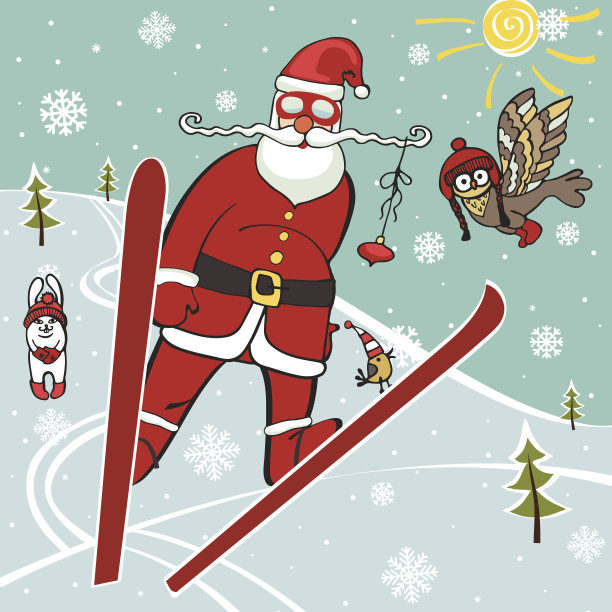 圣诞老人从跳板上跳下来。幽默插图图片下载